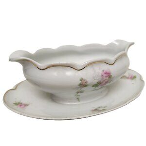 Austrian Carlsbad Handpaint Gold Leaf Gravy Boat  w/Attachd Underplate Antique